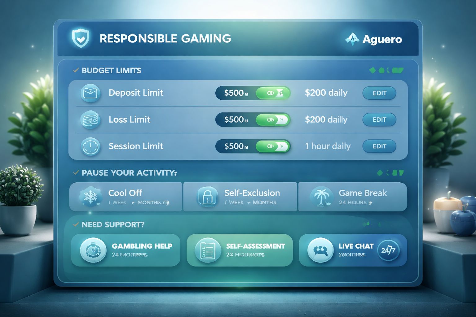Panel de configuración de juego responsable en la plataforma Aguero