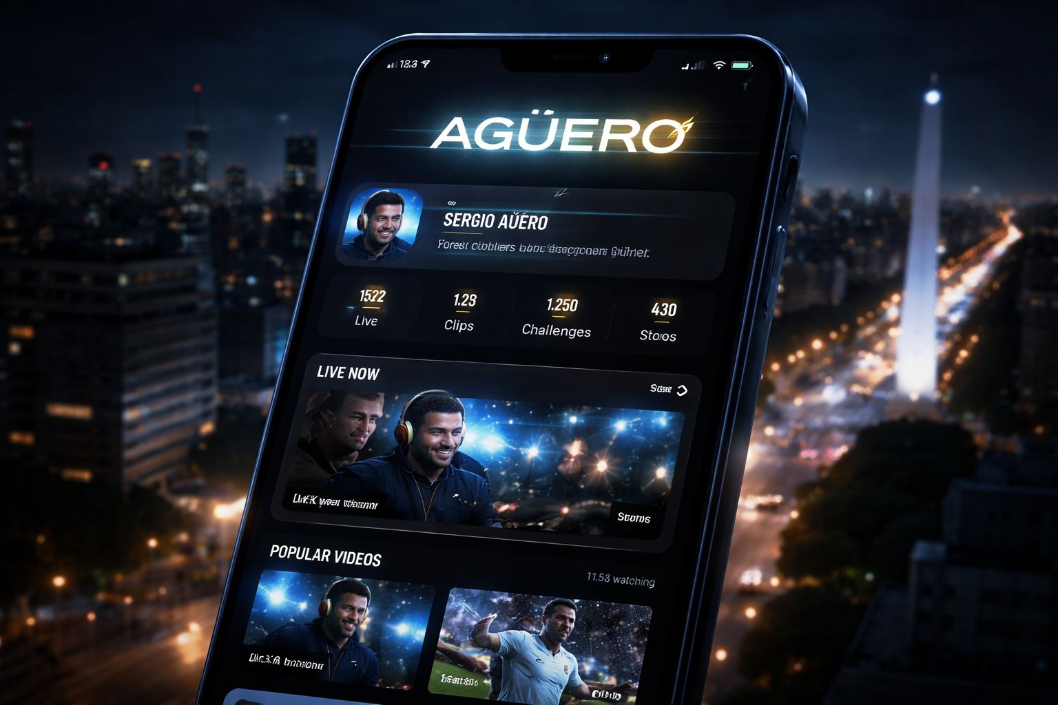 Smartphone mostrando la interfaz de la aplicación móvil Aguero con secciones de casino y apuestas en un estilo moderno oscuro.