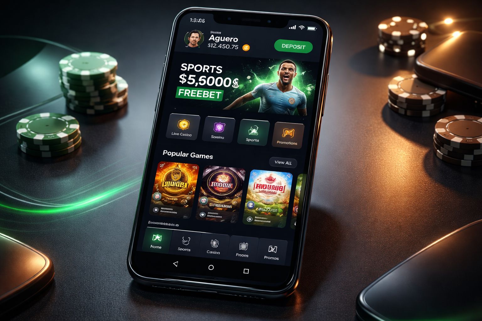 Smartphone moderno mostrando la pantalla de instalación del APK Aguero y el lobby del casino en un entorno móvil pulido.