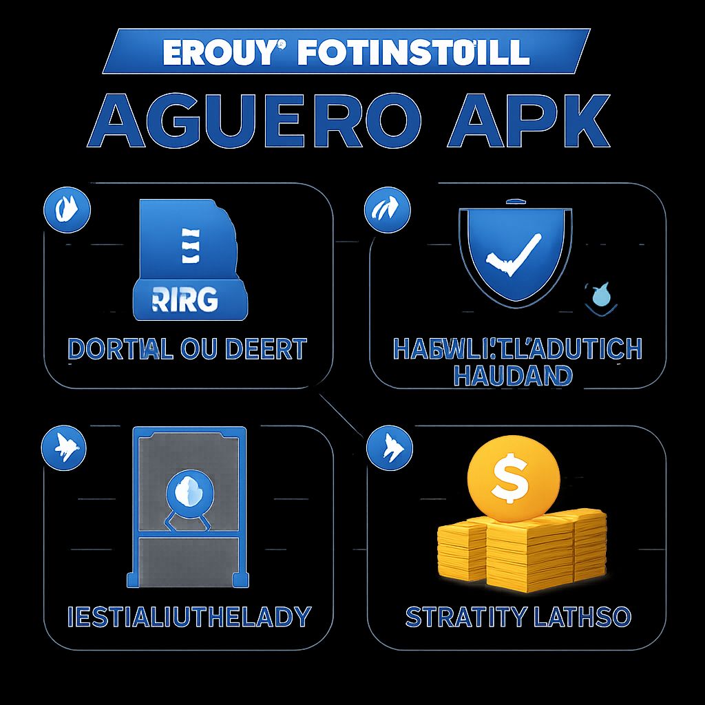 Concepto de instalación móvil paso a paso para la aplicación Aguero en un teléfono Android con visuales de descarga segura.