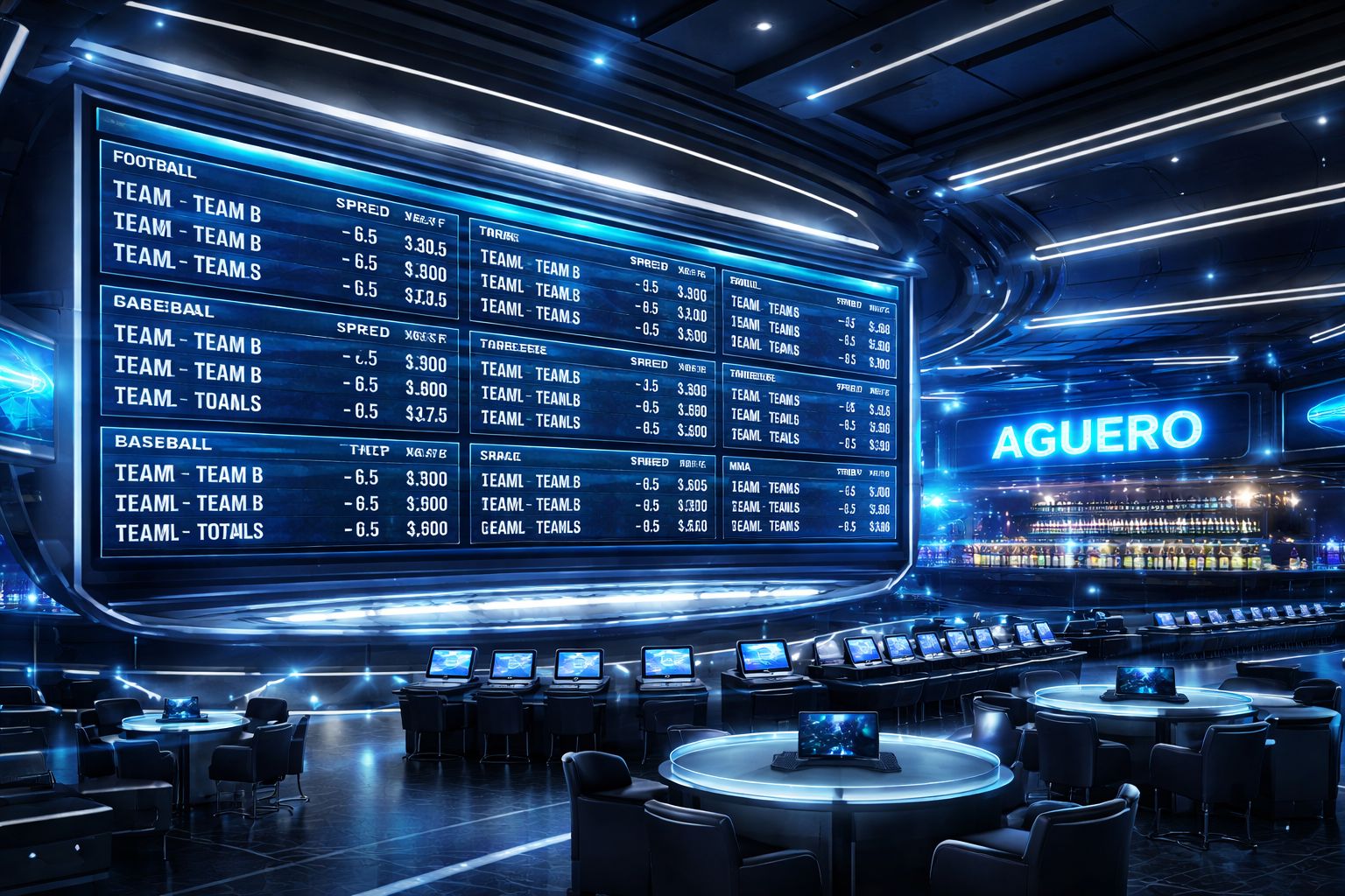 Panel de apuestas de Aguero en una pantalla grande con cuotas deportivas dinámicas e iluminación inspirada en estadios en Argentina.