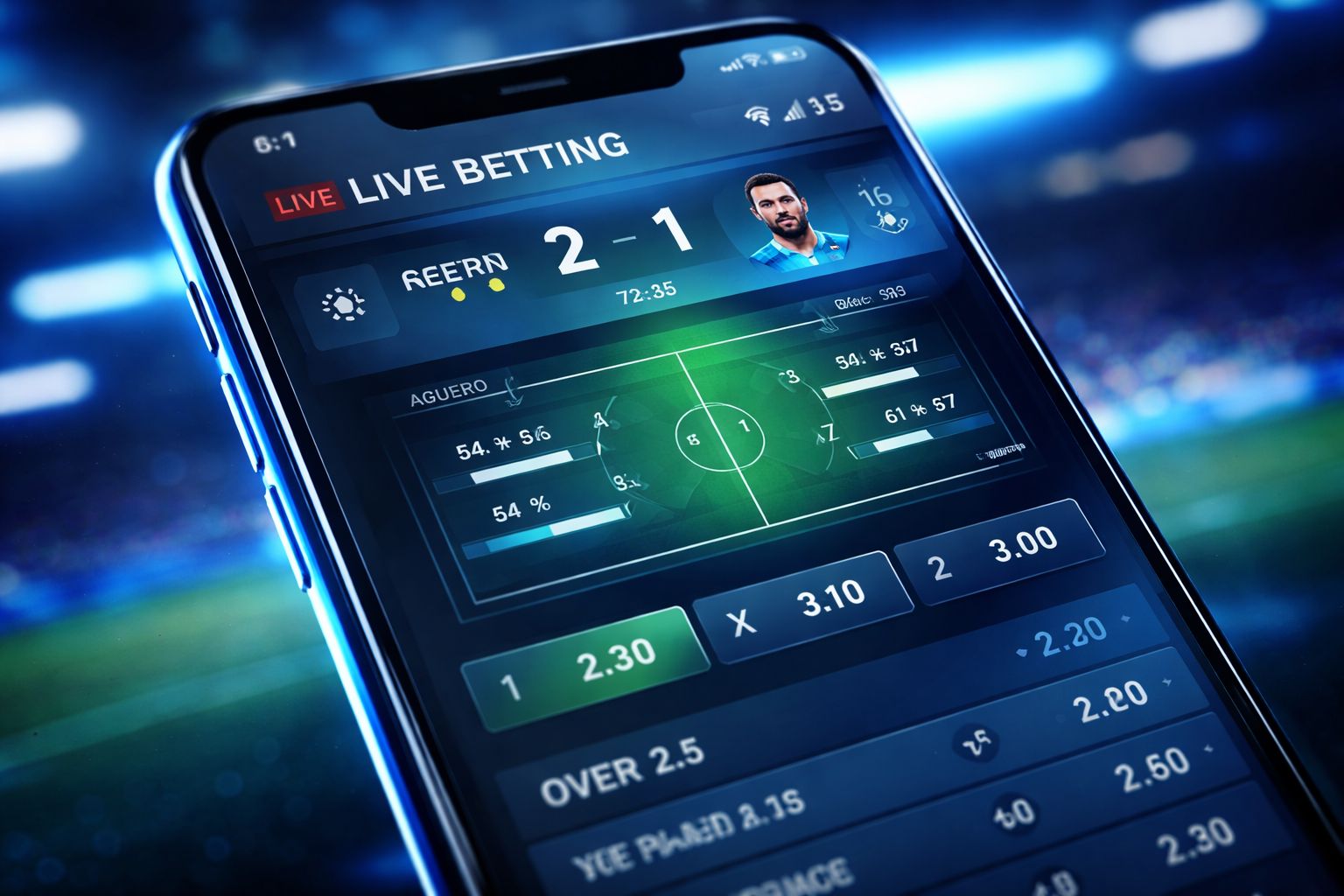 Pantalla móvil de apuestas de Aguero mostrando cuotas de fútbol en vivo y estadísticas de partidos para usuarios en Argentina.