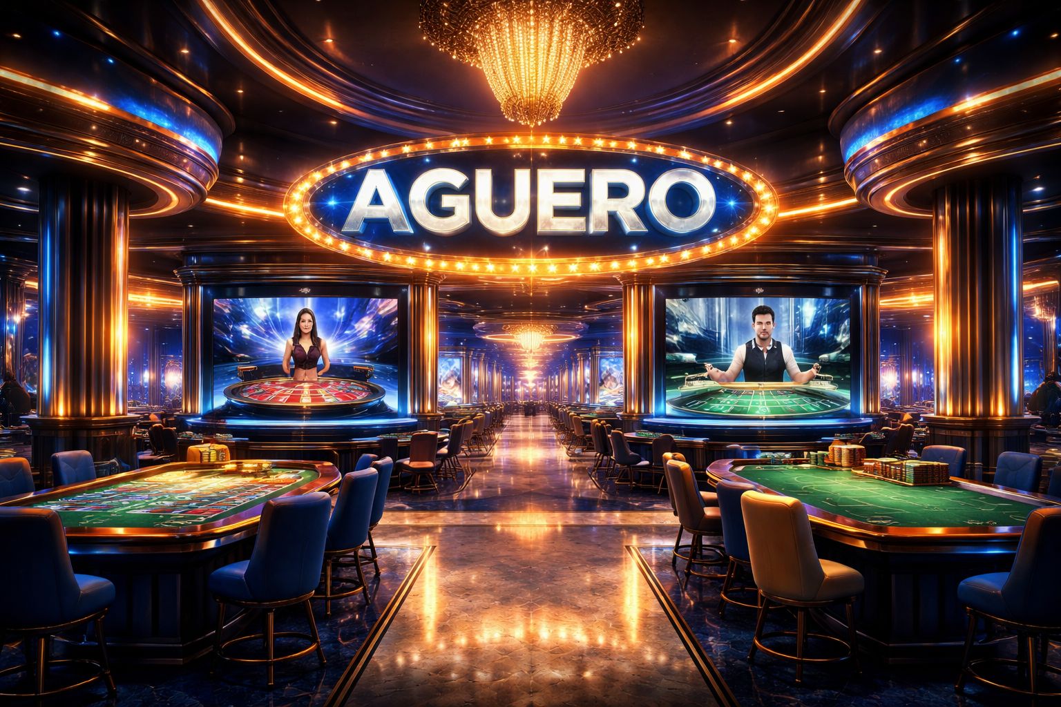 Vestíbulo elegante de Aguero Casino con mesas en vivo y juegos de tragamonedas mostrados en una interfaz premium.