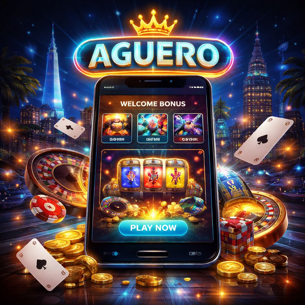 Escena de casino digital con señalización luminosa Aguero, íconos de juegos coloridos y una interfaz moderna enfocada en móvil lista para jugar