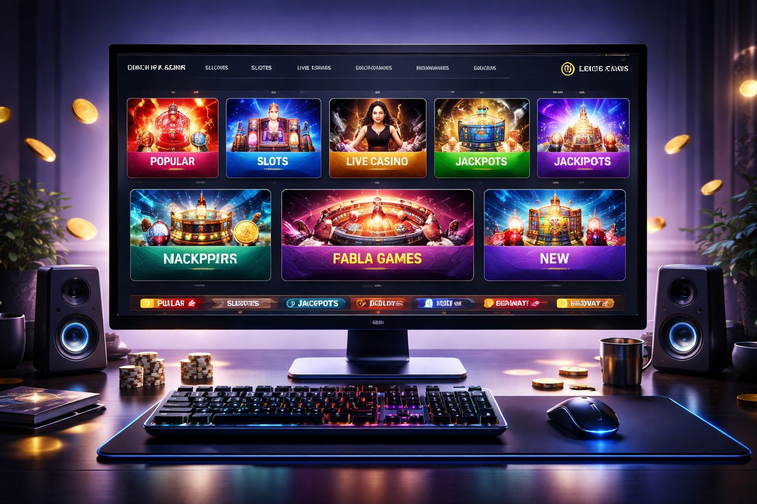 Panel de juegos moderno de Aguero mostrando múltiples categorías de casino y herramientas de navegación fluidas