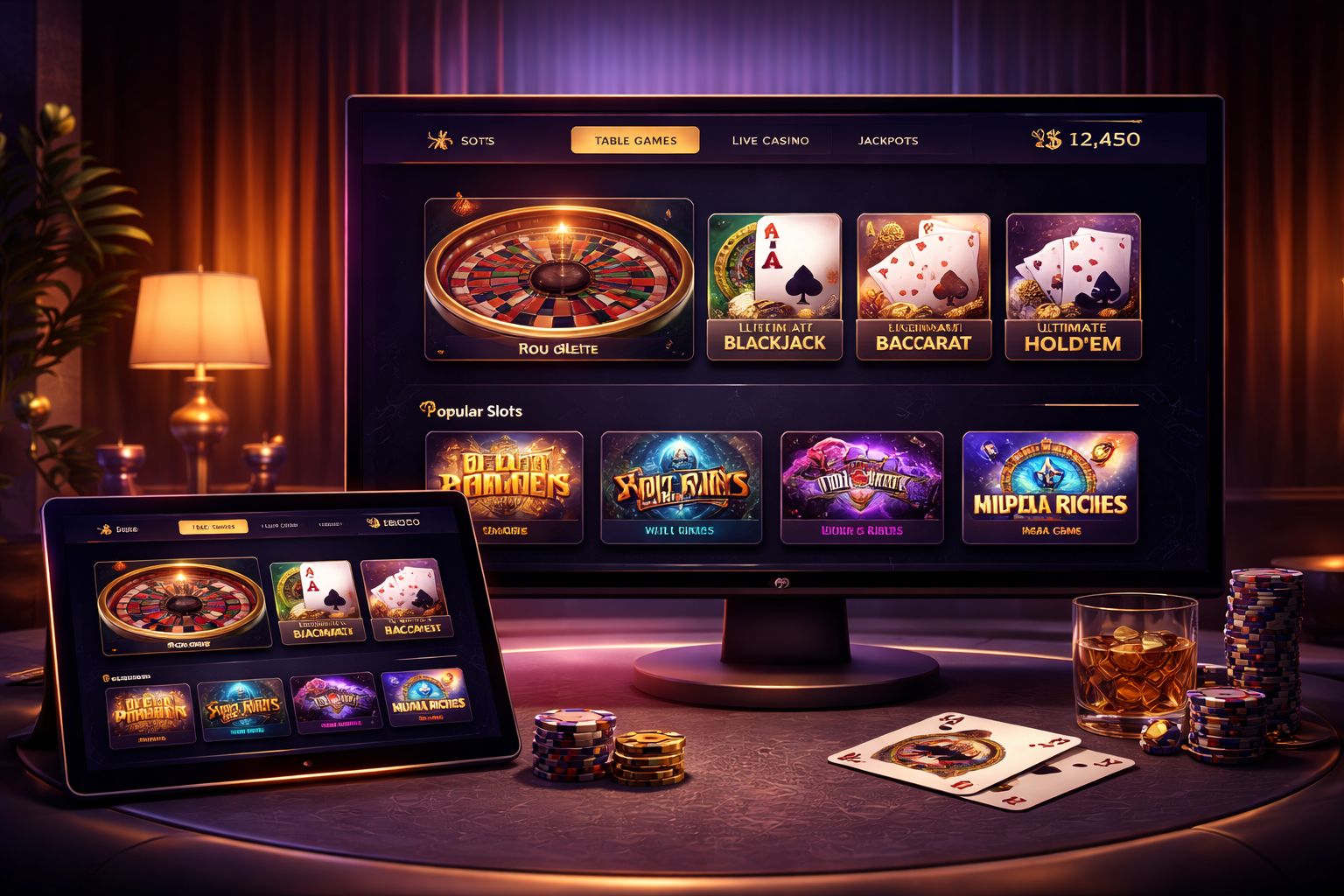 Entorno de juego en línea inmersivo con pantallas elegantes, visuales de casino y la plataforma Aguero en foco