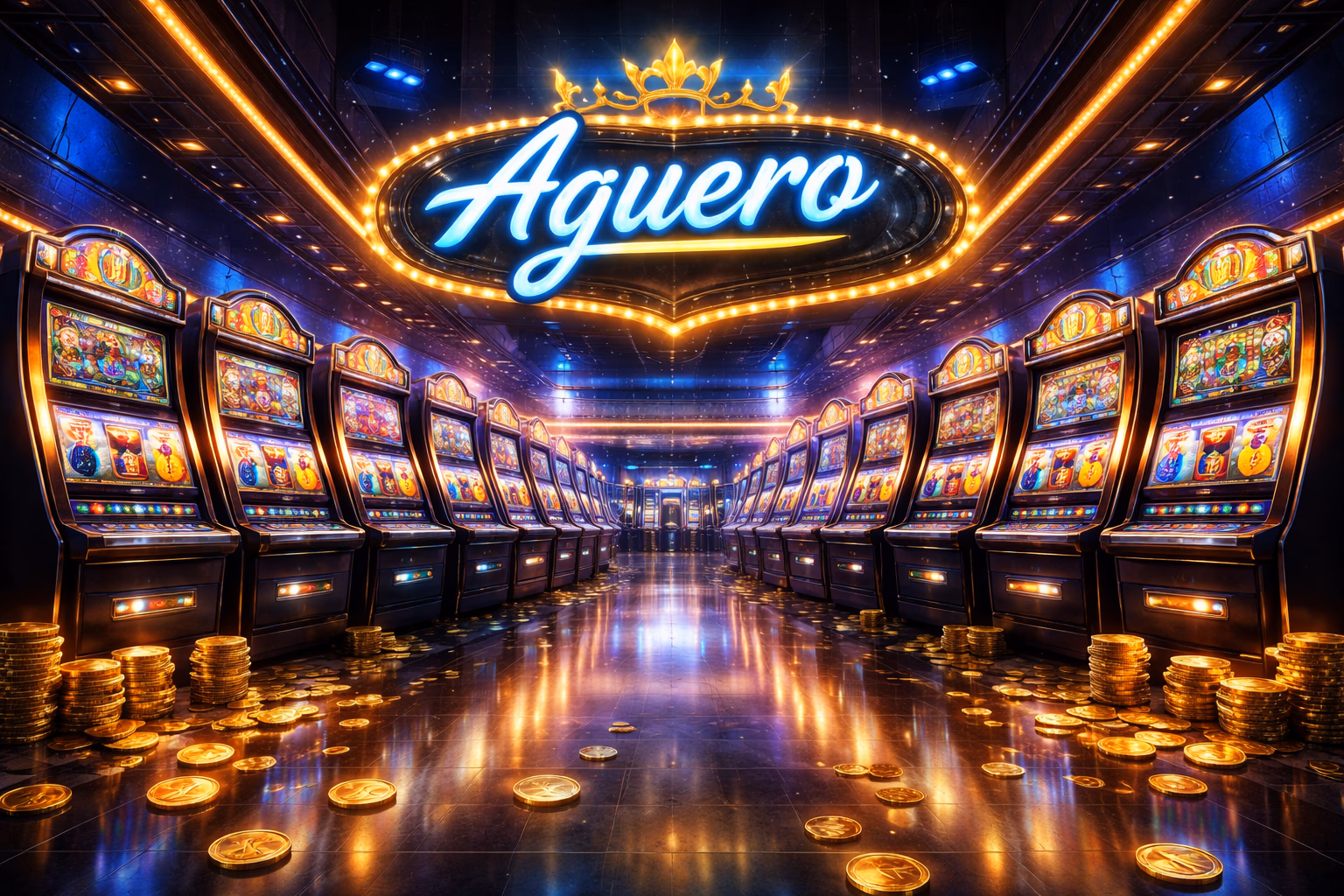 Carretes modernos de tragamonedas en línea con símbolos brillantes, monedas y una interfaz elegante de casino en tonos oscuros.