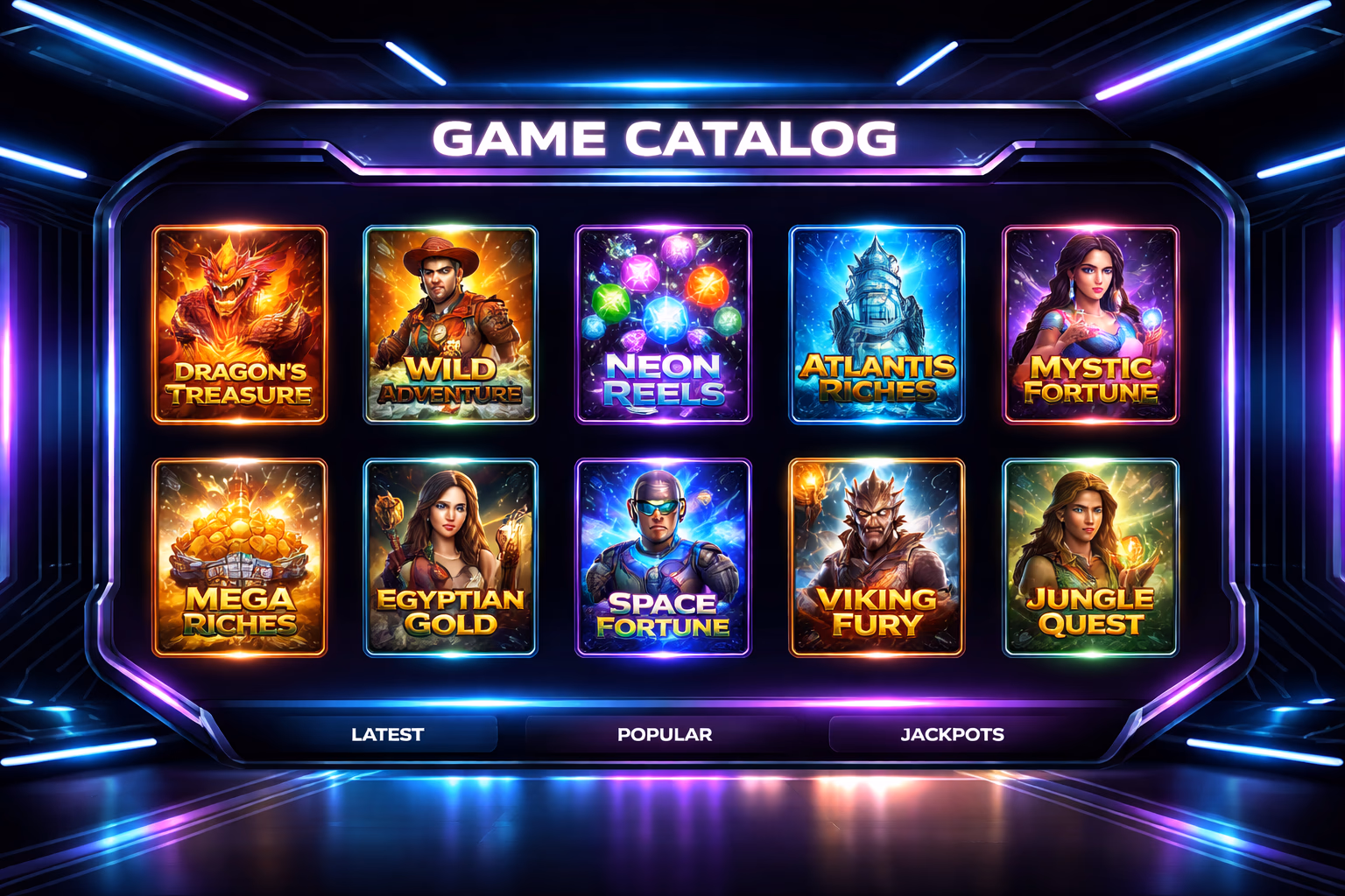 Catálogo digital de tragamonedas con múltiples proveedores y fichas de juegos coloridas en Aguero.